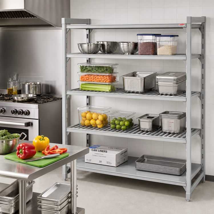 Product image #3 for Cambro Camshelving Premium 72"W x 21"D x 64"H 4-Shelf Stationary Starter Unit, 3 Vented Shelves + 1 Solid Shelf