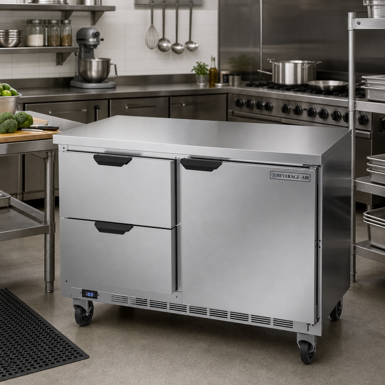 Product image #2 for Beverage-Air 48-Inch Two-Section Flat-Top Worktop Freezer with 2 Drawers and 1 Solid Door