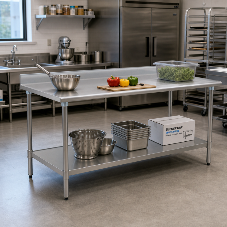 Product image #2 for BlendPort® Deluxe Series 72-Inch x 30-Inch Stainless Steel Work Table with Backsplash and Undershelf