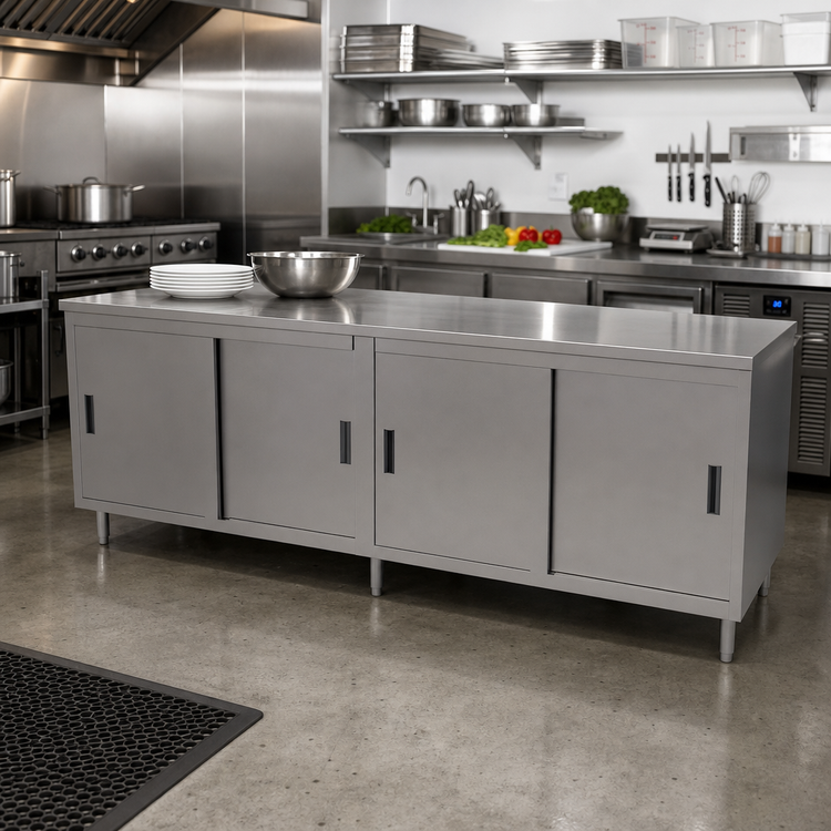 Product image #3 for BK Resources 84-Inch Enclosed Chef Table with Sliding Doors, 304 Stainless Steel Top
