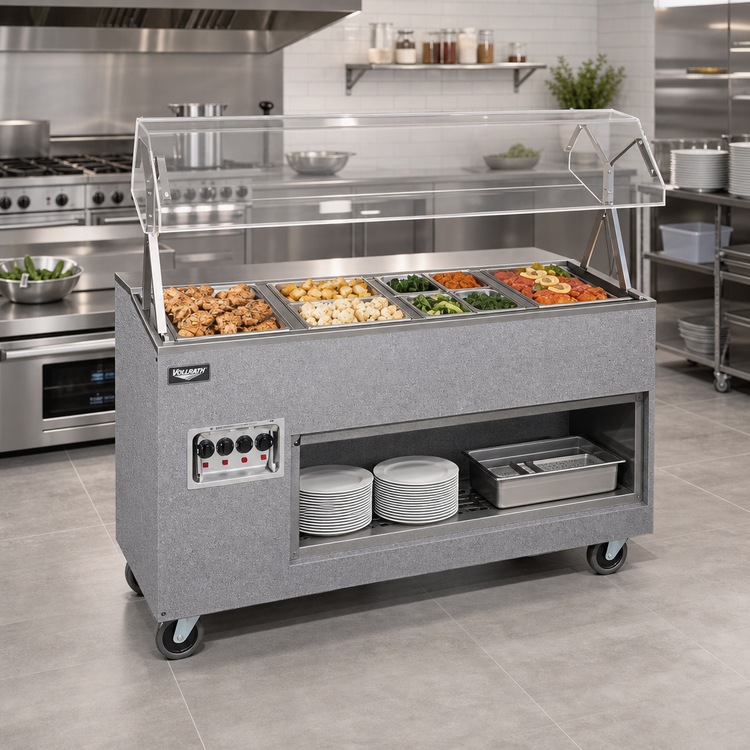 Product image #2 for Vollrath 2-Series Affordable Portable 3-Well Mobile Hot Food Station with Buffet Breath Guard and Open Storage Base, 208-240V