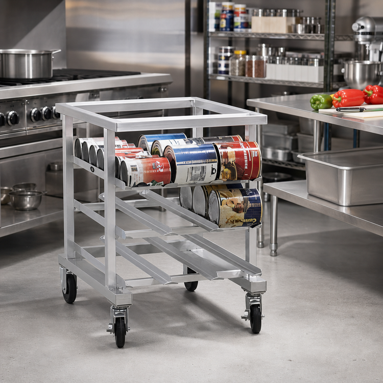 Product image #2 for New Age 1236NT Mobile Counter-Height Aluminum Can Storage Rack, No Top, 54 #10 or 72 #5 Can Capacity