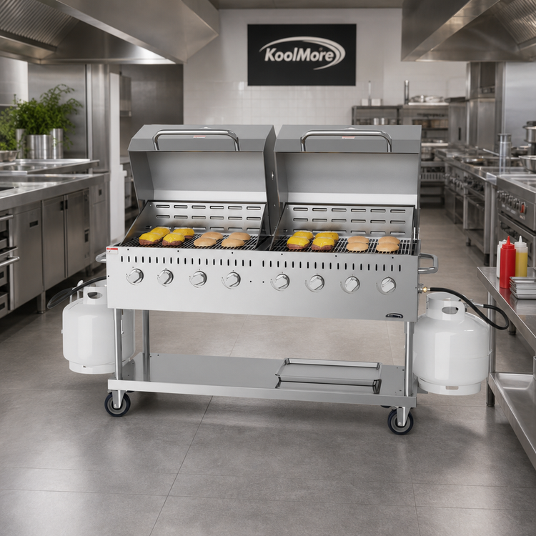 Product image #2 for KoolMore 60-Inch Mobile Commercial Outdoor Charbroiler Grill, 8-Burner, Propane, with Dual 30-Inch Roll Dome Covers