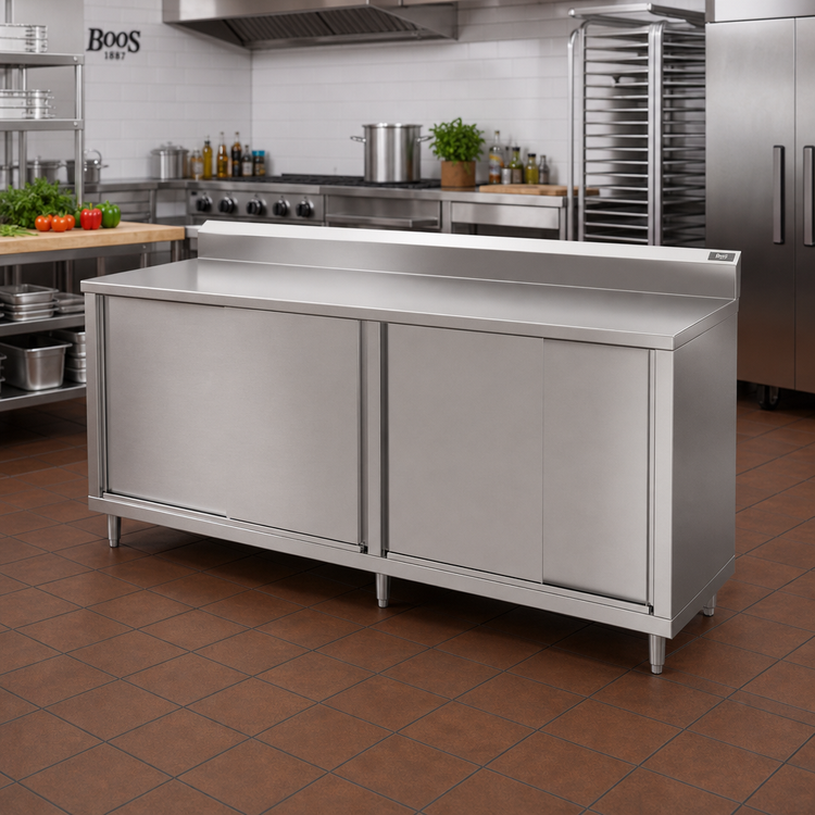Product image #2 for John Boos Enclosed Work Table with Sliding Doors, 120W x 36D, 14-Gauge 300 Series Stainless Steel Top, 5-Inch Backsplash