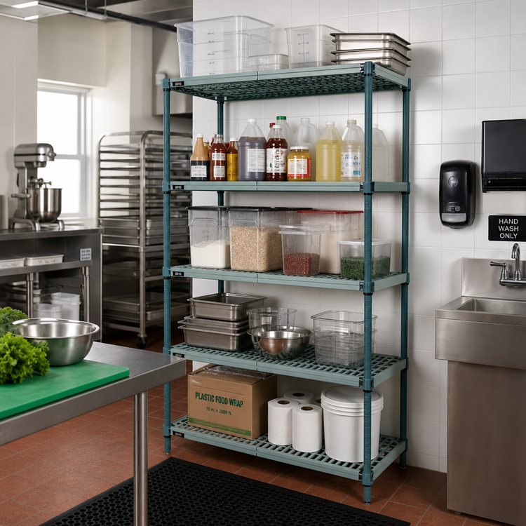 Product image #2 for Quantum Stationary Wire Plastic Mat Shelving Unit, 5-Tier, 36 x 18 x 63 Inches, Green Epoxy Coated