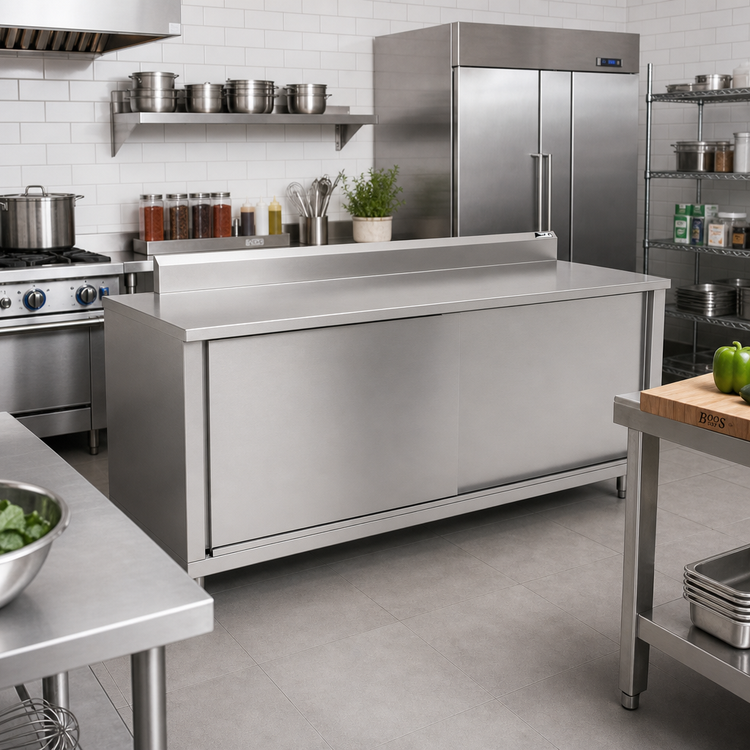 Product image #2 for John Boos 84 Inch x 30 Inch Stainless Steel Enclosed Work Table with Sliding Doors and 5 Inch Backsplash