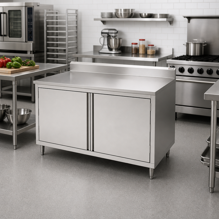 Product image #2 for John Boos Enclosed Stainless Steel Work Table with Cabinet Base and Hinged Doors, 48 x 24 Inches