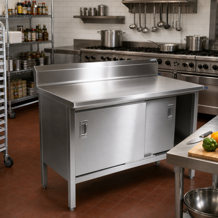 Product image #2 for John Boos Enclosed Stainless Steel Work Table with Cabinet Base and Sliding Doors, 84 x 30 Inches, 5-Inch Backsplash