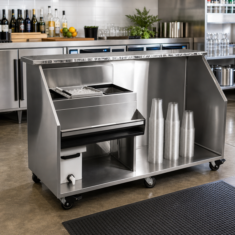 Product image #2 for Portable Bar for Stackable Cups with Refrigerator Space, 84-Inch Stainless Steel, 12-Inch Ice Bin
