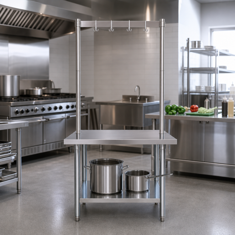 Product image #2 for BK Resources 48 Inch Adjustable Table-Mount Stainless Steel Single-Bar Pot Rack with 4 Double-Prong Hooks