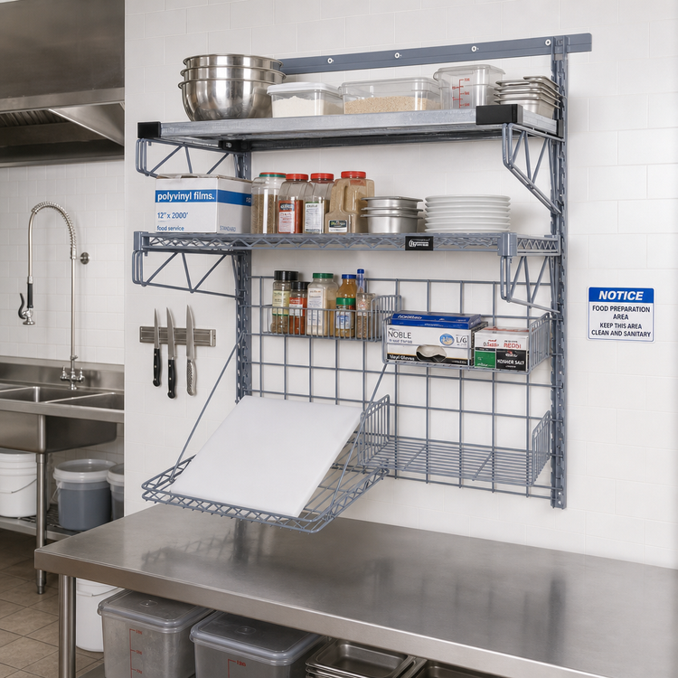 Product image #2 for Quantum Store Grid Medium-Duty Wall-Mount Starter Kit — 40-Inch Wall Track with Shelves & Grid Panel (Gray Epoxy Antimicrobial, NSF)