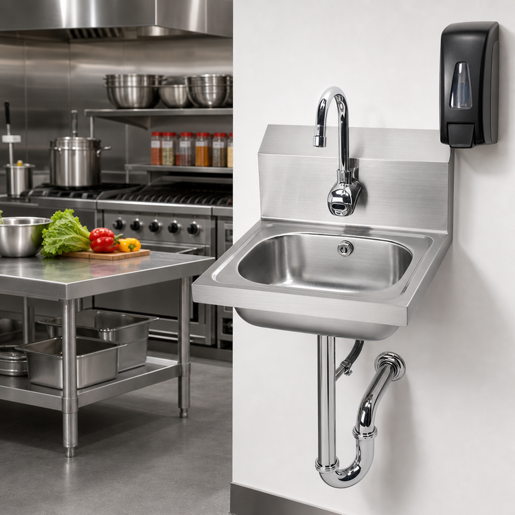 Product image #2 for Stainless Steel Wall-Mount Hand Sink with Splash-Mount Electronic Gooseneck Faucet
