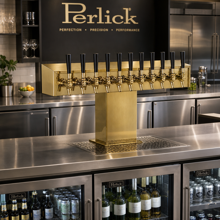 Product image #2 for Perlick 4006S12BTF4 Wide Base Extra High Countertop Glycol-Cooled Tee Draft Beer Tower, 12 Faucets, Tarnish-Free Brass Finish