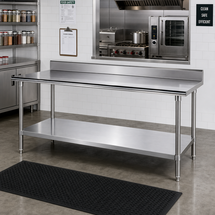 Product image #2 for Advance Tabco 144-Inch x 30-Inch 16-Gauge 430 Stainless Steel Work Table with 5-Inch Backsplash and Adjustable Undershelf