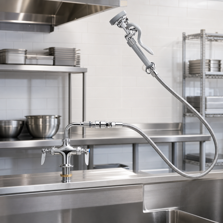 Product image #2 for T&S Brass Single-Hole Deck-Mount Pre-Rinse Mixing Faucet Kit with 60-Inch Hose and Vacuum Breaker