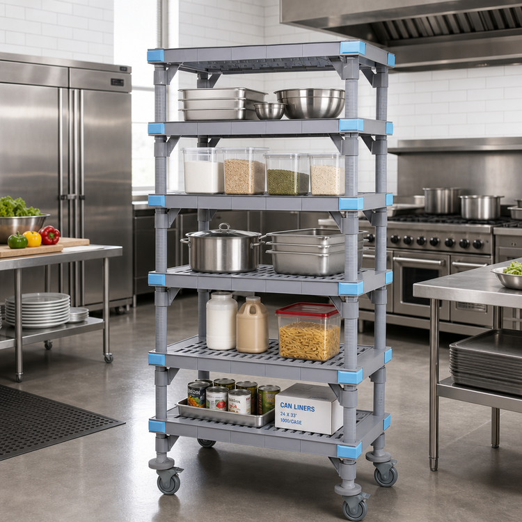 Product image #2 for Millenia Gray Polymer Mobile Starter Shelving Unit with 5 Open Grid Shelves, 48 Inches W x 24 Inches D x 74 Inches H