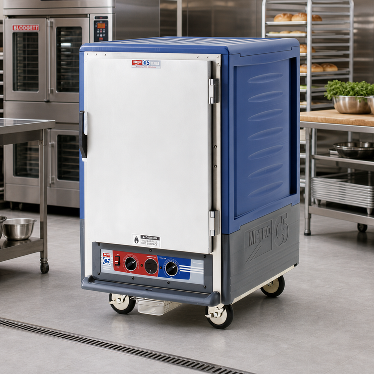 Product image #2 for Metro C5 Insulation Armour Blue Half-Height Heated Holding & Proofing Cabinet with Moisture Control, Solid Door, Lip Load Slides, 17-Pan Capacity