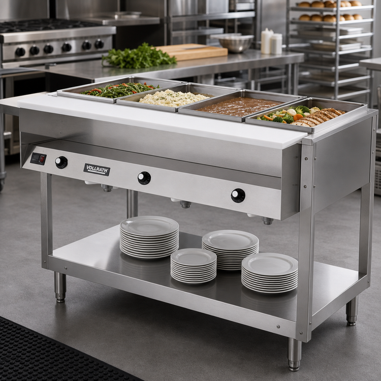 Product image #2 for Vollrath ServeWell® 5-Well Stainless Steel Hot Food Table with Open Base, Plate Shelf, and Cutting Board