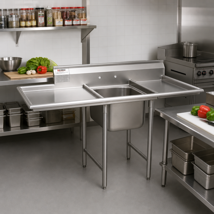 Product image #2 for Eagle Group 414 Series 1-Compartment Sink with Left and Right Drainboards, 66-1/2 Inches Wide
