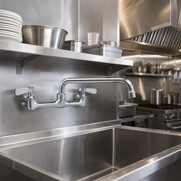 Product image #2 for Steel Works Stainless Heavy Duty Wall-Mount Commercial Faucet with 8-Inch Centers and 14-Inch Spout
