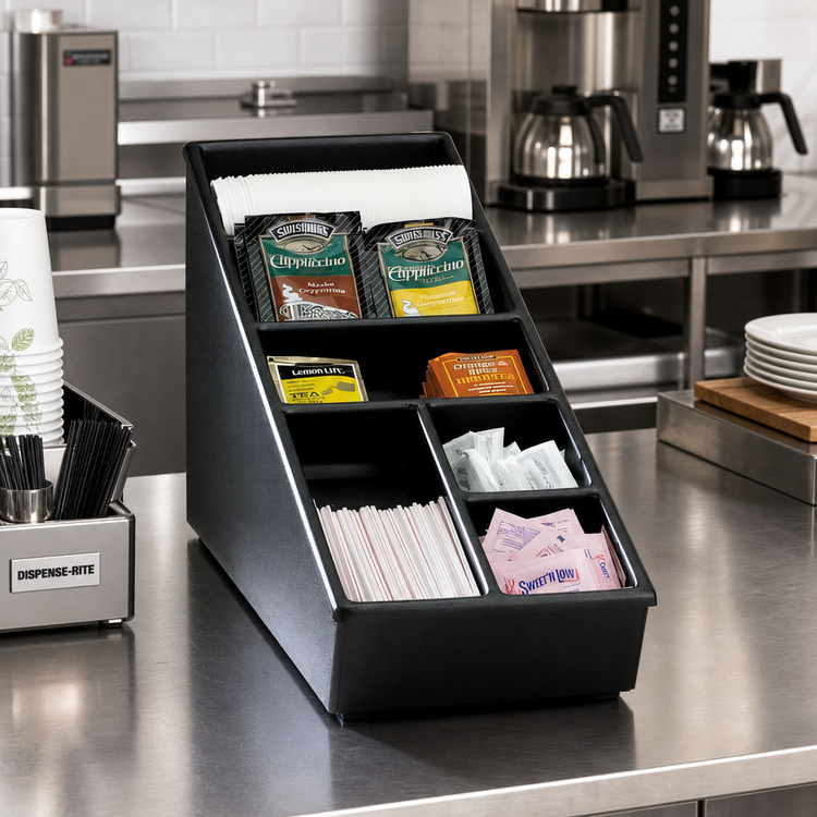 Product image #2 for Dispense-Rite Black Polystyrene Narrow 6-Section Lid, Straw & Condiment Organizer