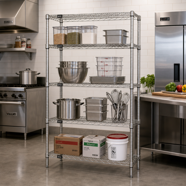 Product image #2 for Quantum 42"W x 14"D x 74"H 304 Stainless Steel Wire Shelving Starter Kit with 4 Shelves and 4 Posts