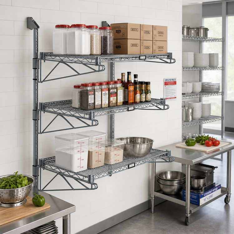 Product image #2 for Quantum Wall-Mounted Cantilever Wire Shelving Starter Unit with 3 Shelves, Gray Epoxy Antimicrobial Finish
