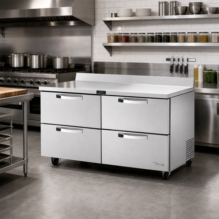 Product image #2 for True SPEC SERIES Two-Section 60-Inch Stainless Steel Worktop Refrigerator with 4 Drawers and Rear-Mounted Self-Contained Refrigeration