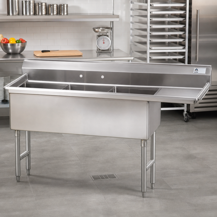 Product image #2 for Advance Tabco 3-Compartment Fabricated Sink with 24-Inch Right-Hand Drainboard, 14-Gauge 304 Stainless Steel