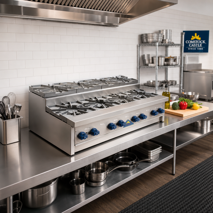 Product image #2 for Comstock-Castle 48-Inch Countertop Step-Up Saute Gas Hot Plate with 8 Burners