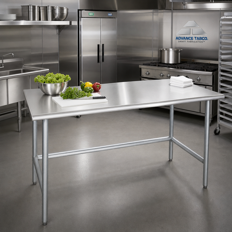 Product image #2 for Advance Tabco 72" x 48" 14-Gauge 304 Stainless Steel Flat Top Work Table with Galvanized Open Base