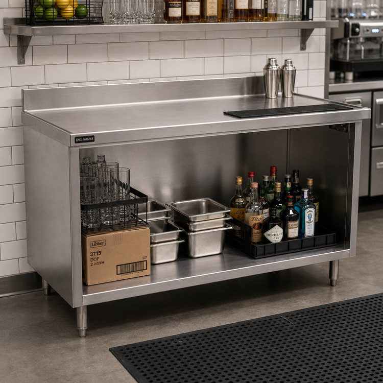 Product image #2 for Eagle Group Spec-Master Marine Series 84" x 24" Stainless Steel Underbar Work Table with Open Front Cabinet Base and 1-1/2" Rear Upturn