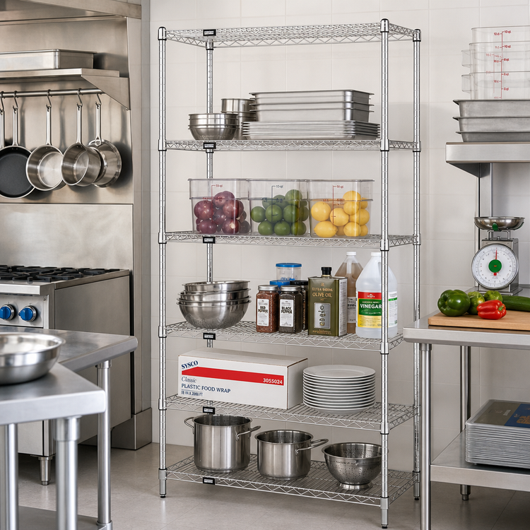 Product image #2 for Quantum Stationary 5-Shelf Wire Shelving Starter Kit, 36" W x 21" D x 74" H, 304 Stainless Steel
