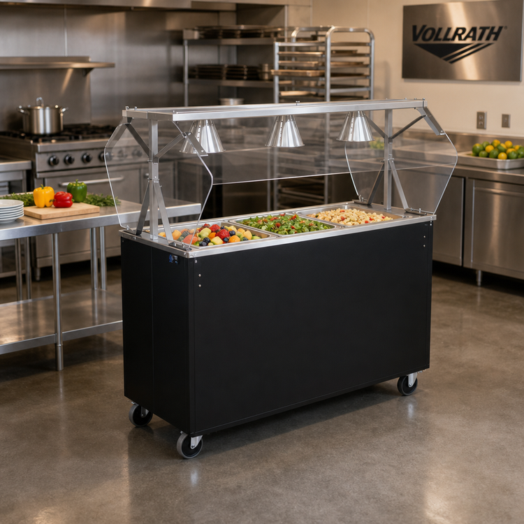 Product image #2 for Vollrath 2-Series Affordable Portable 46-Inch 3-Pan Non-Refrigerated Cold Food Station with Buffet Breath Guard and Lights, Black Open Storage Base, 120V
