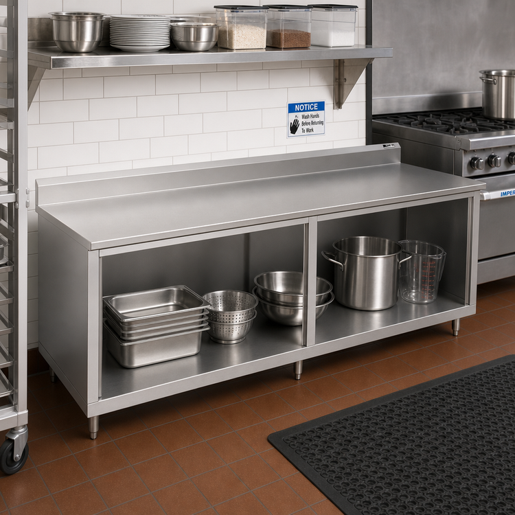 Product image #2 for Open Front Cabinet Base Work Table, 132 x 36 Inch, 16-Gauge 300-Series Stainless Steel Top, 5-Inch Backsplash