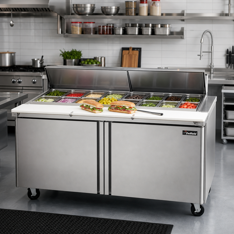 Product image #2 for Delfield Mega Top 60-Inch Two-Section Sandwich/Salad Prep Refrigerator with 24-Pan Top and Cutting Board