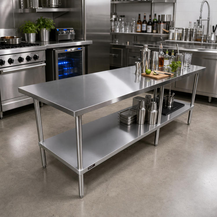Product image #2 for Sapphire 108-Inch x 14-Inch Stainless Steel Flat Top Cocktail Station Worktable with Undershelf