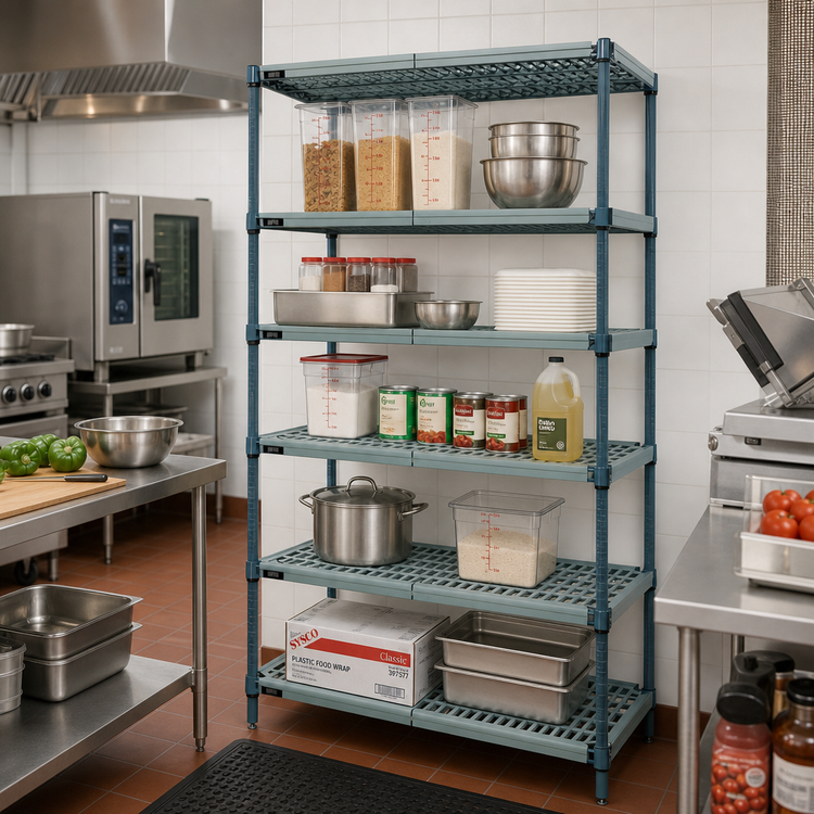 Product image #2 for Quantum 5-Tier Stationary Wire Plastic Mat Shelving Unit, 60W x 21D x 86H, Green Epoxy Coated