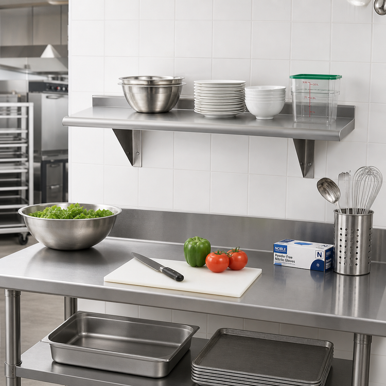 Product image #2 for Advance Tabco 30" x 12" Wall-Mounted Stainless Steel Shelf, 16 Gauge, Satin Finish, Bullnose Edge