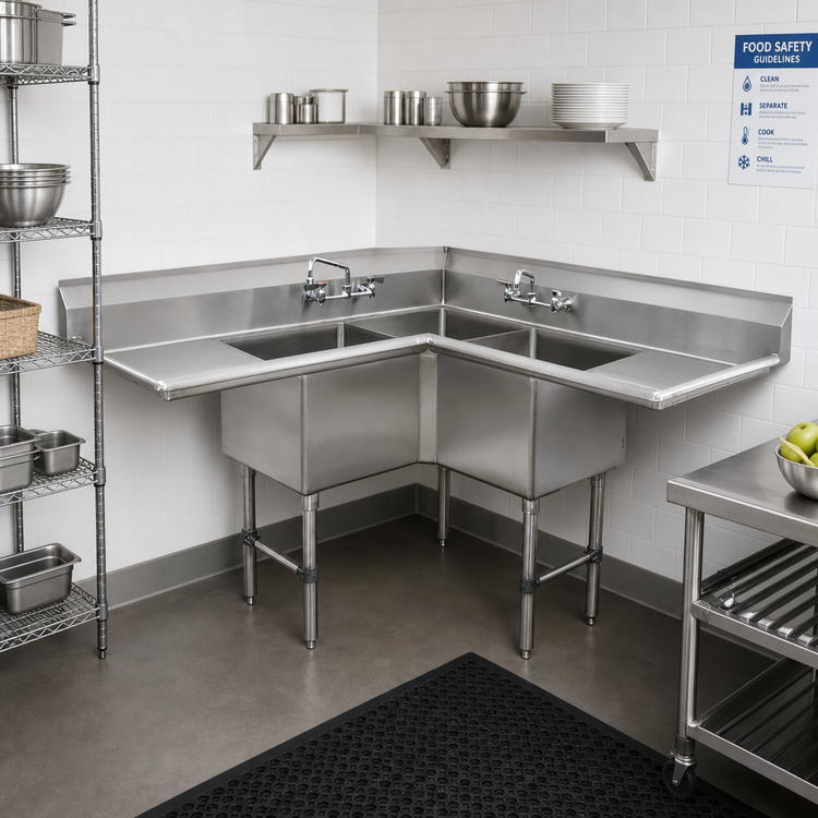 Product image #2 for Advance Tabco Special Value 3-Compartment L-Shaped Corner Sink with 18-Inch Drainboards, 304 Stainless Steel