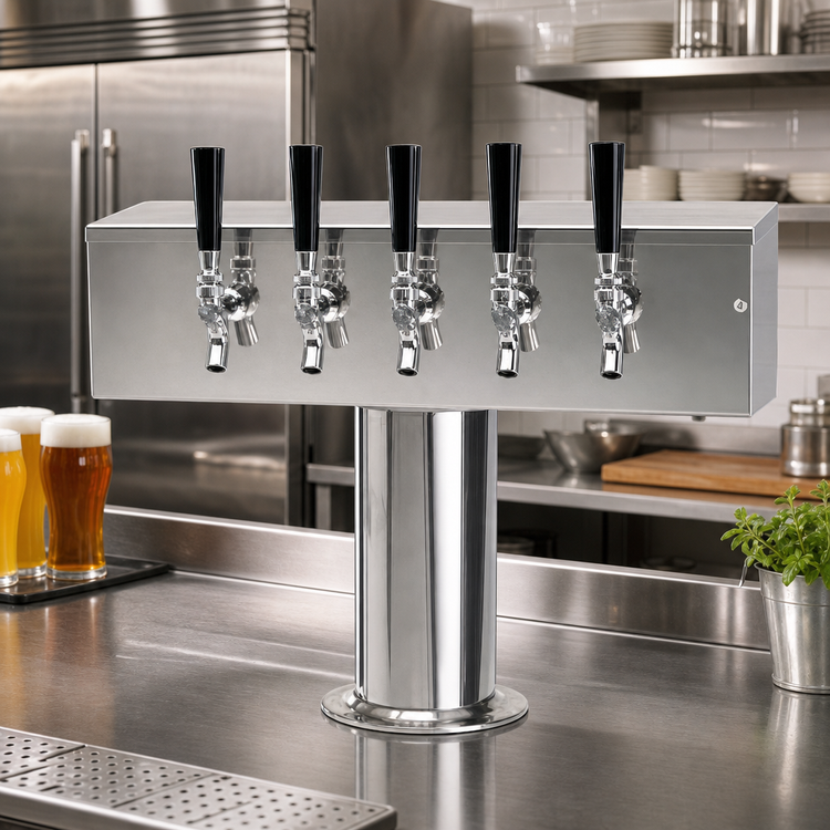 Product image #2 for Micro Matic T Style 5-Faucet Glycol-Cooled Countertop Draft Beer Tower, Polished Stainless Steel