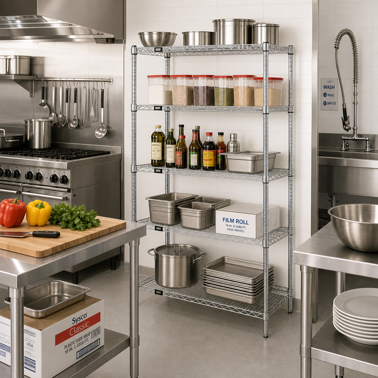 Product image #2 for Quantum Stationary Wire Shelving Starter Kit, 36 in. W x 12 in. D x 54 in. H, 5 Shelves, Chrome Plated