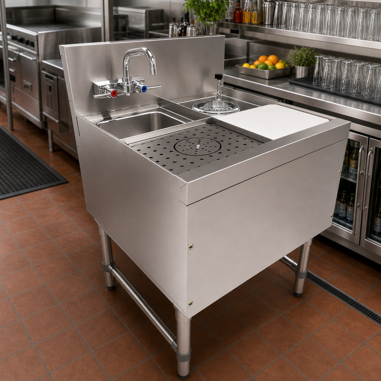 Product image #2 for Advance Tabco Prestige Underbar Hand & Dump Sink Prep Station with Faucet, Glass Rinser, Dipperwell, and Cutting Board