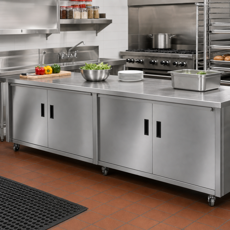 Product image #2 for Advance Tabco Special Value Economy Stainless Steel Enclosed Work Table with Cabinet Base, Mid-Shelf and Hinged Doors, 120 x 30 Inch