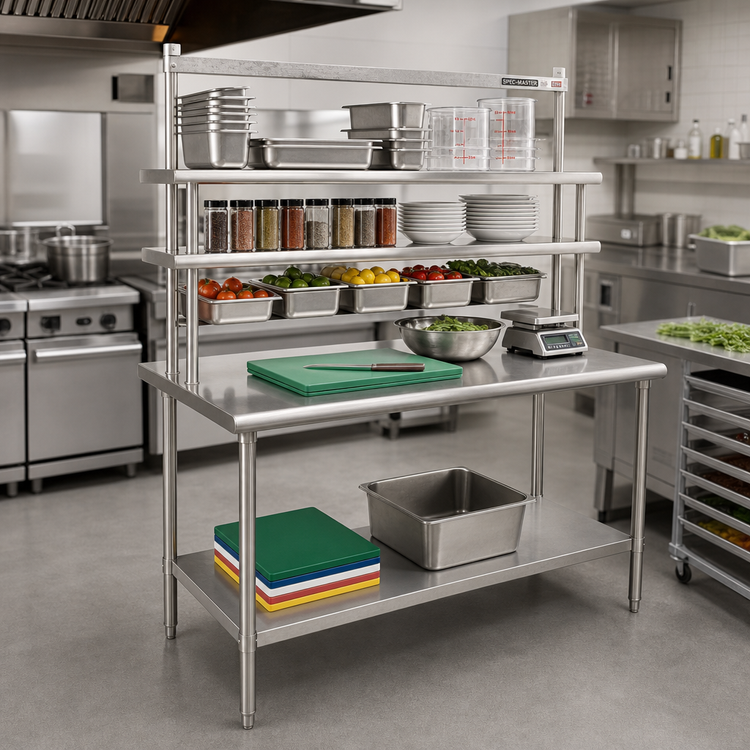 Product image #2 for Eagle Group Budget Series Spec-Master B Stainless Steel Work Table with Flex-Master Overshelf Kit, 48W x 30D x 35-1/8H