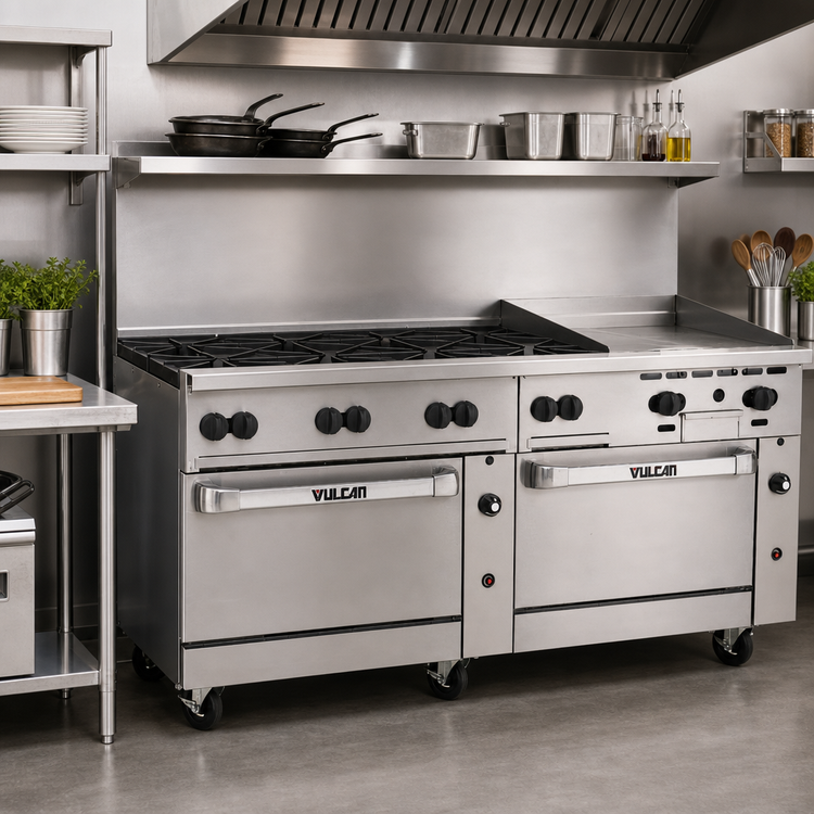 Product image #2 for Vulcan Endurance 72-Inch Commercial Gas Restaurant Range with 8 Open Burners, 24-Inch Thermostatic Griddle, and 2 Convection Ovens