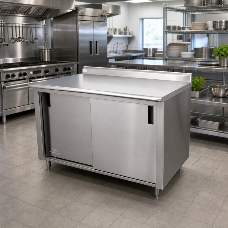 Product image #2 for Advance Tabco Enclosed Cabinet Base Work Table with Sliding Doors, Mid-Shelf, and 14-Gauge 304 Stainless Steel Top, 120 x 24 Inches