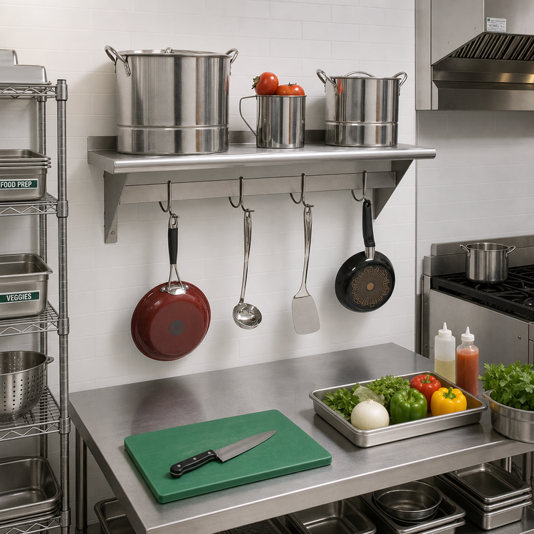 Product image #2 for Advance Tabco Wall-Mounted Shelf with Pot Rack, 60 Inch W x 12 Inch D, 18/430 Stainless Steel