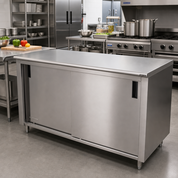 Product image #2 for Advance Tabco 84 Inch x 30 Inch Enclosed Work Table with Cabinet Base, Sliding Doors and 14-Gauge 304 Stainless Steel Top