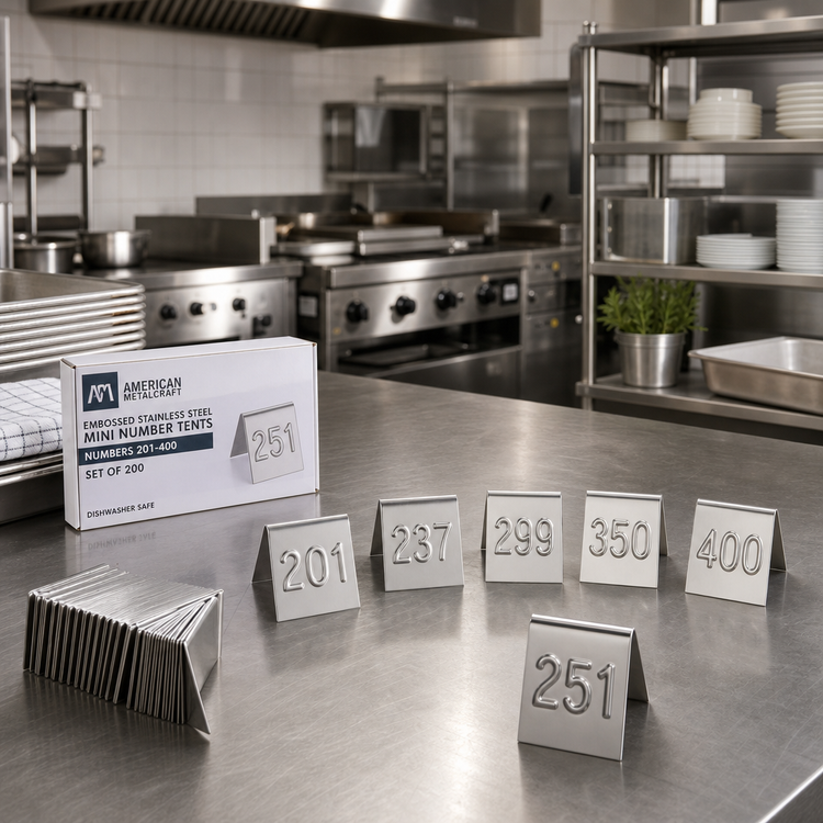 Product image #3 for American Metalcraft Embossed Stainless Steel Mini Number Tents, Numbers 201-400